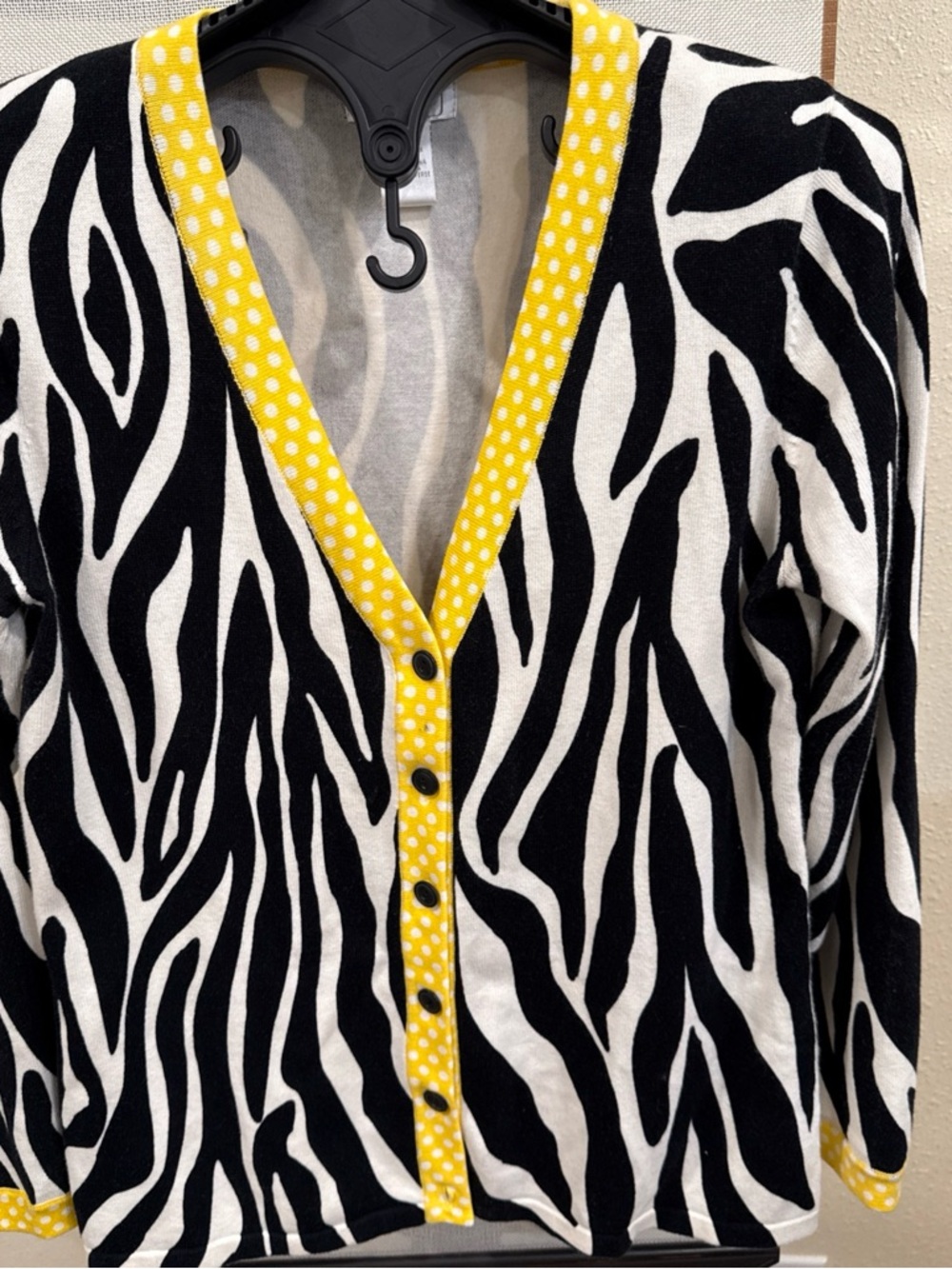 Foxcroft White Cardigan with Yellow Polka Dot Trim